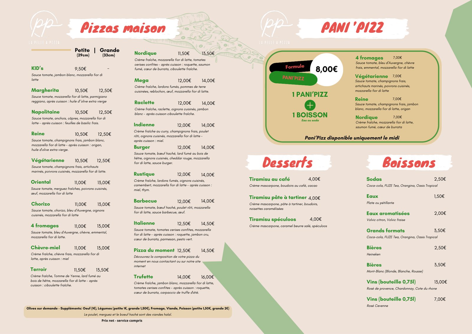 Carte de La Pelle à Pizza : pizzas maison en petite (29 cm) et grande (33 cm), Pani'Pizz du midi, desserts et boissons, avec les prix